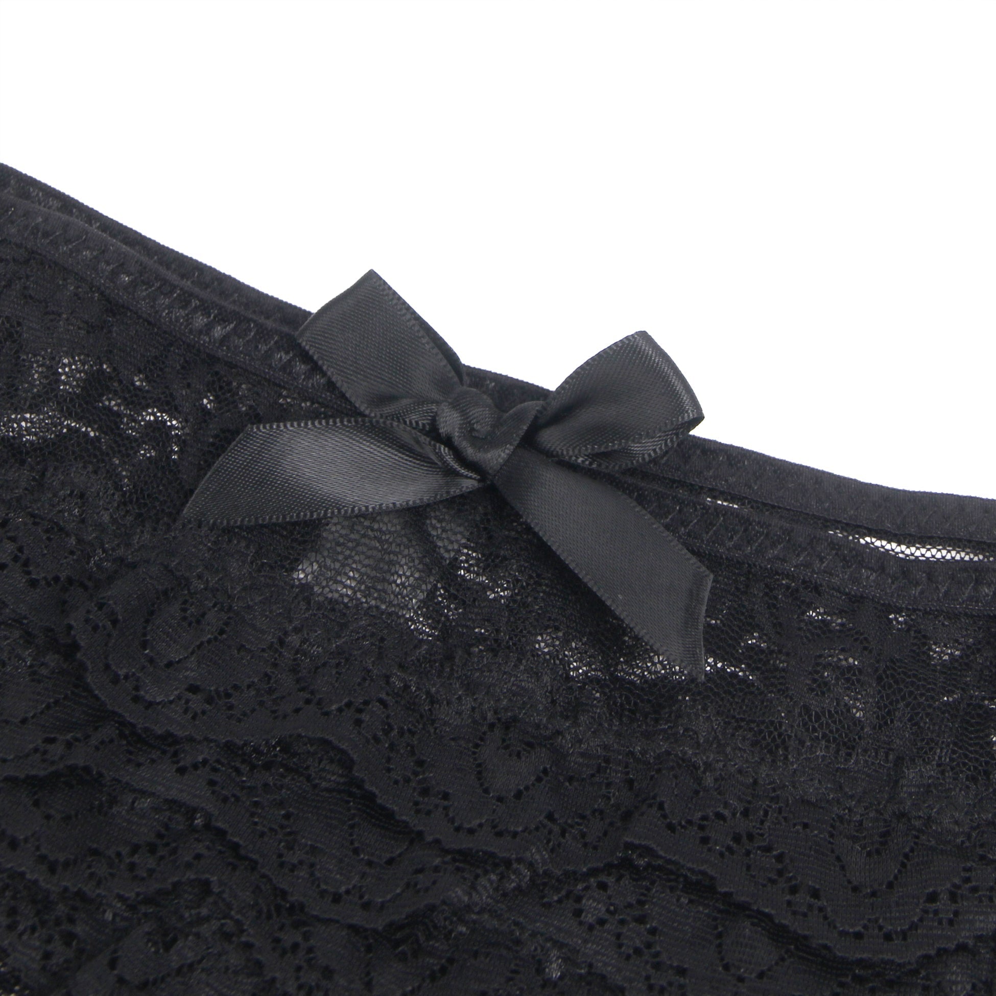 Black Lace Triangle Panty with Multi - Layer Back Trim, Bow Detail & Open Crotch - TeaseFashion