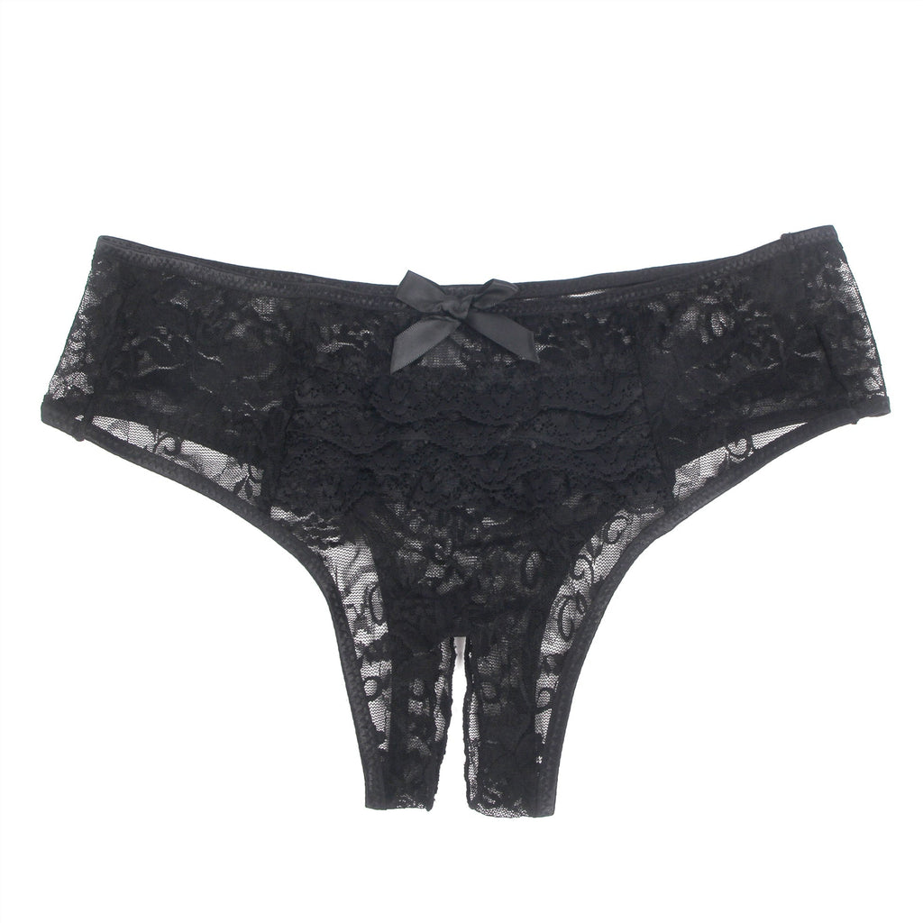 Black Lace Triangle Panty with Multi - Layer Back Trim, Bow Detail & Open Crotch - TeaseFashion