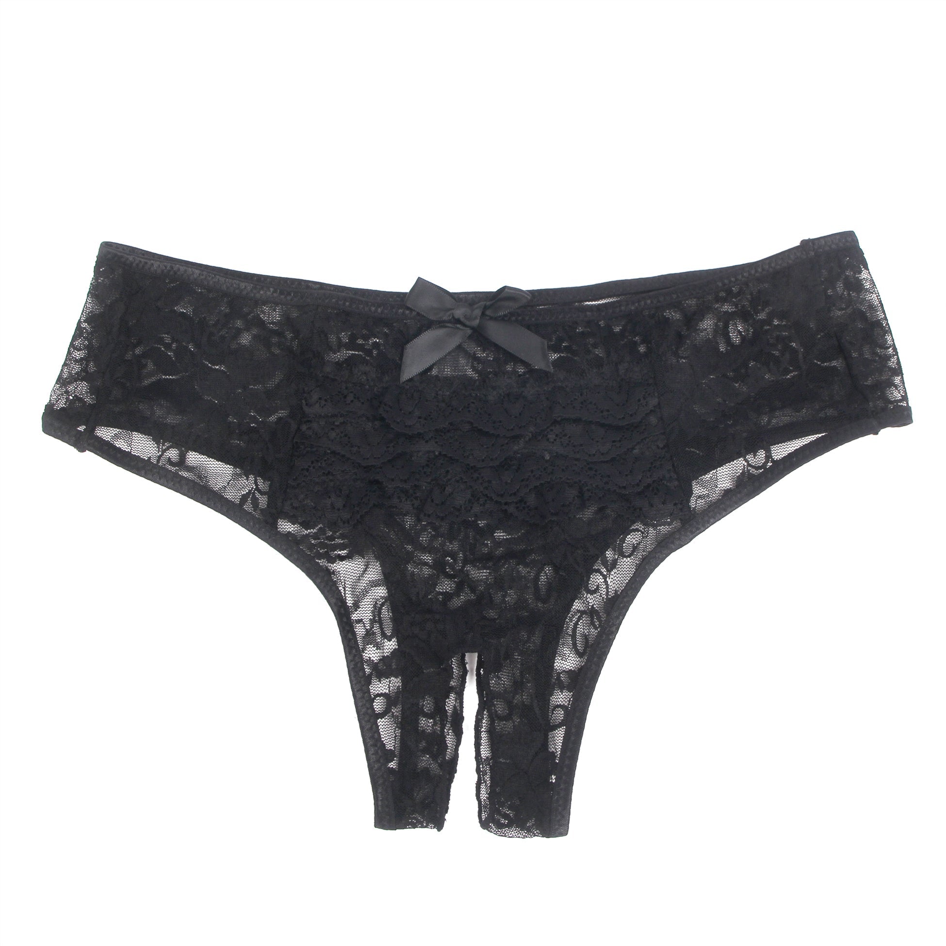 Black Lace Triangle Panty with Multi - Layer Back Trim, Bow Detail & Open Crotch - TeaseFashion