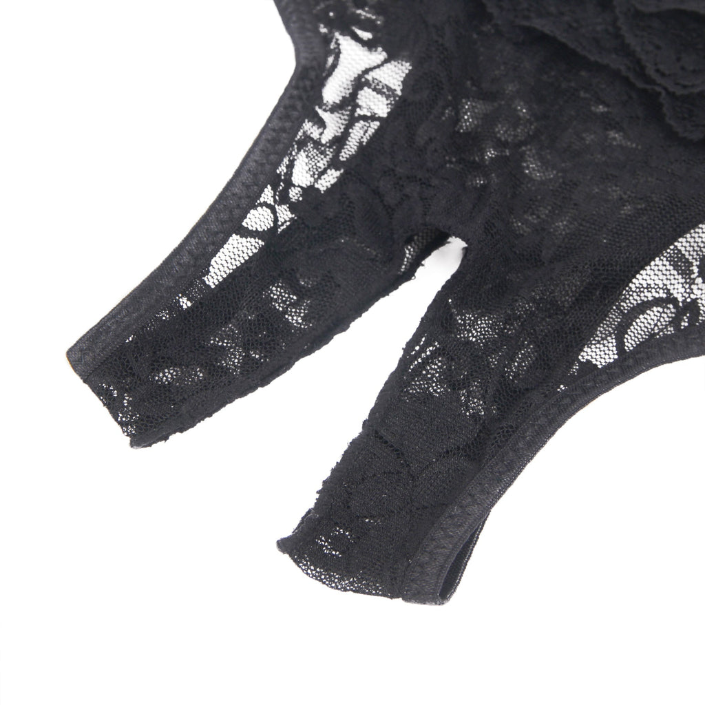 Black Lace Triangle Panty with Multi - Layer Back Trim, Bow Detail & Open Crotch - TeaseFashion