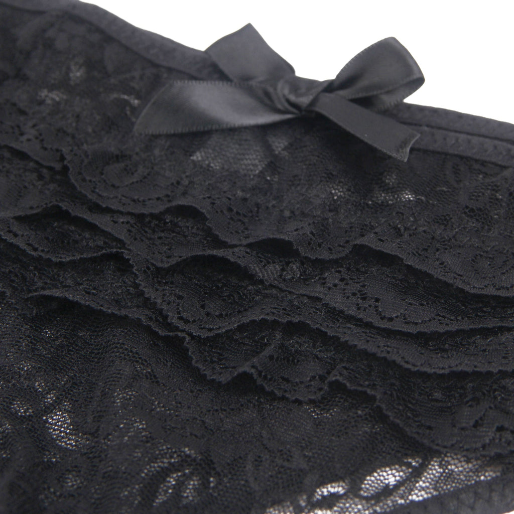 Black Lace Triangle Panty with Multi - Layer Back Trim, Bow Detail & Open Crotch - TeaseFashion