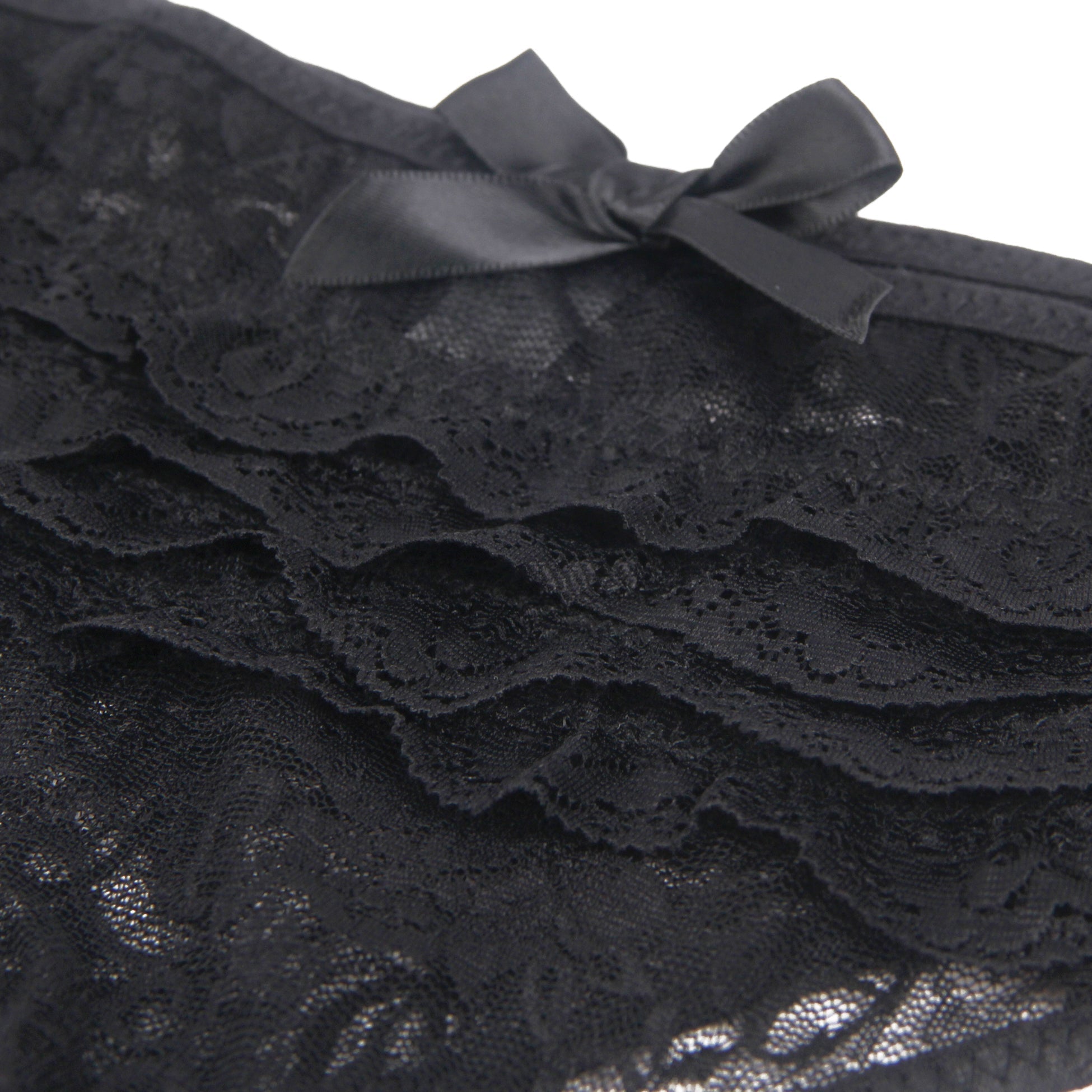 Black Lace Triangle Panty with Multi - Layer Back Trim, Bow Detail & Open Crotch - TeaseFashion