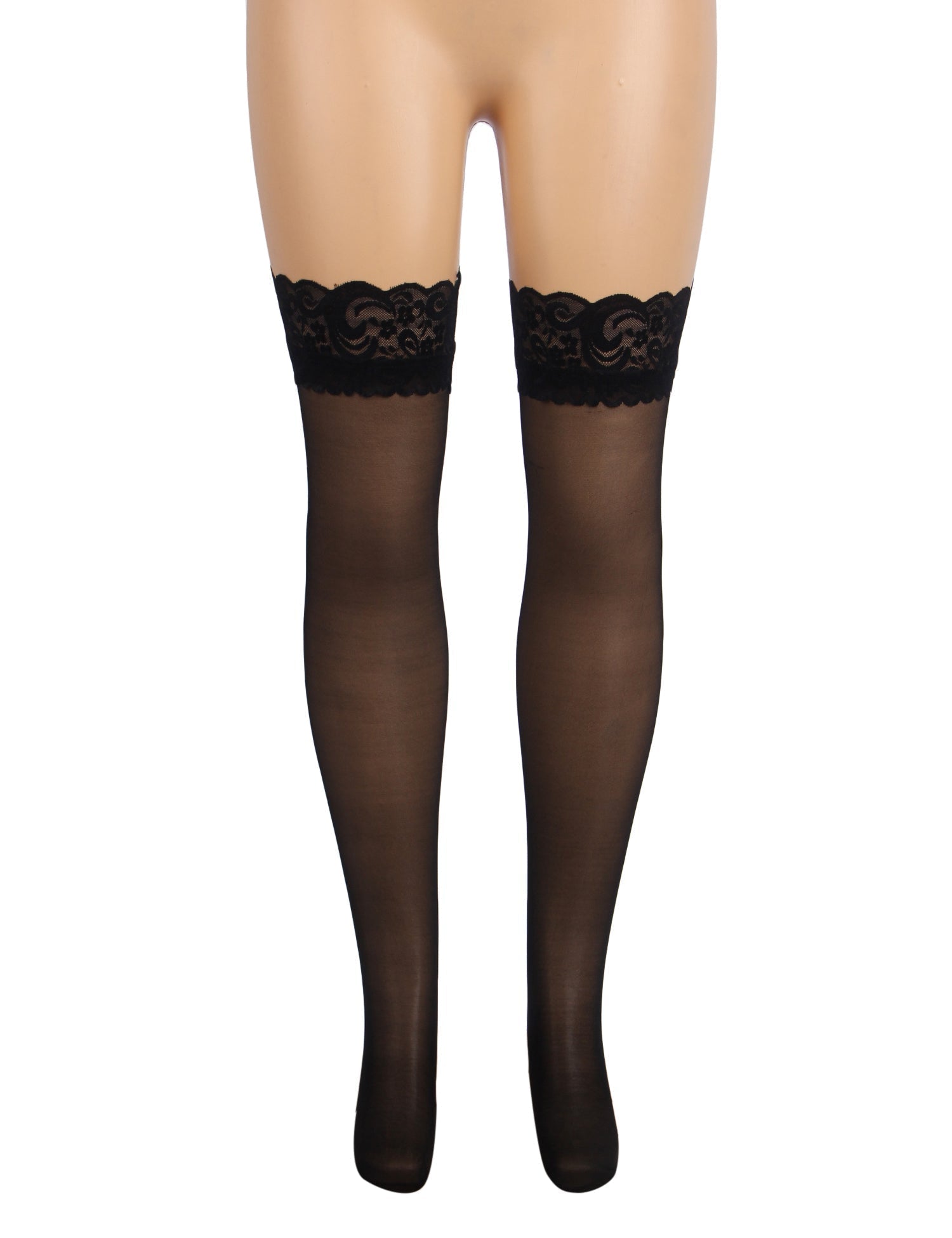 Black Lace - Trim Thigh - High Stockings with Anti - Slip Silicone Band - TeaseFashion