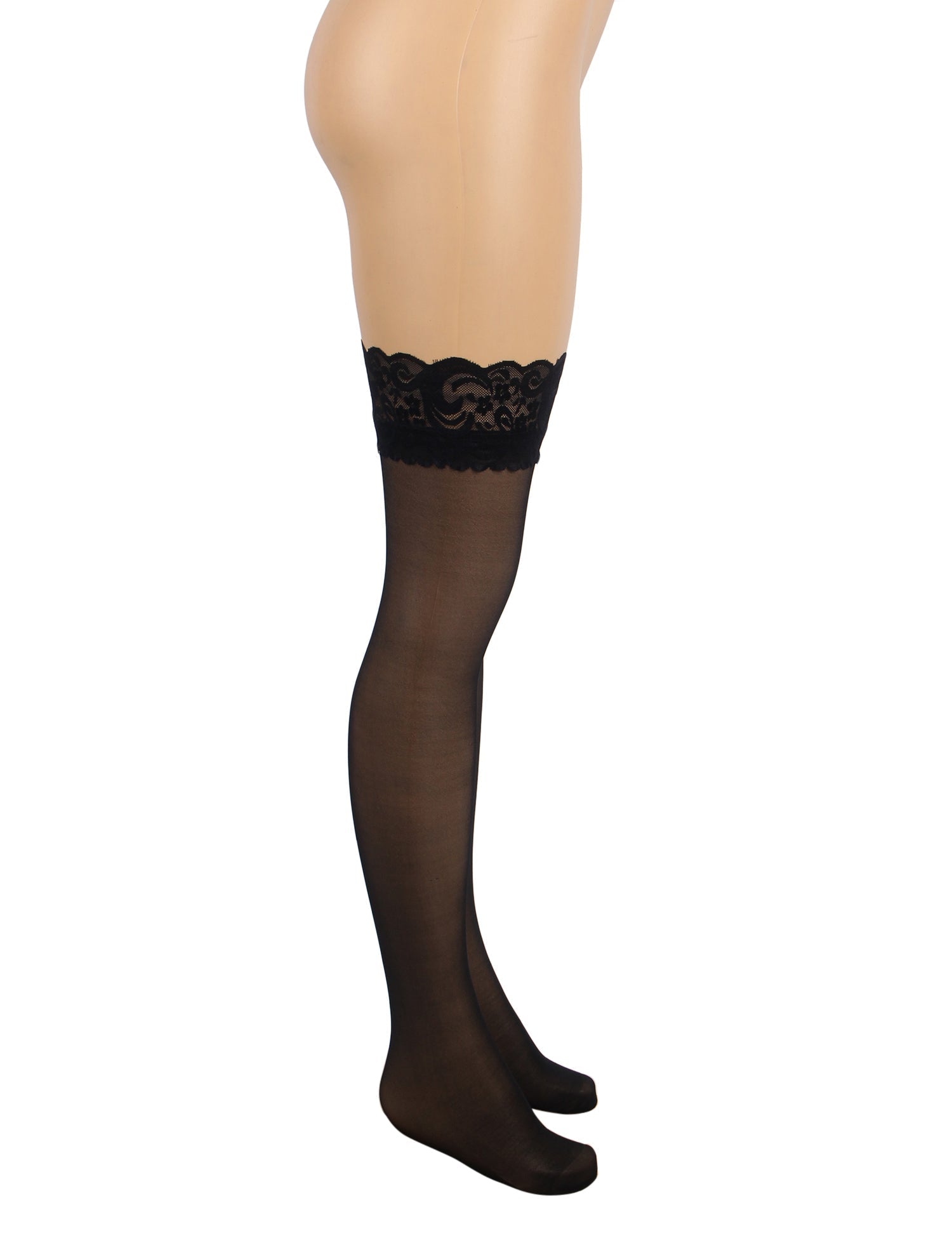 Black Lace - Trim Thigh - High Stockings with Anti - Slip Silicone Band - TeaseFashion