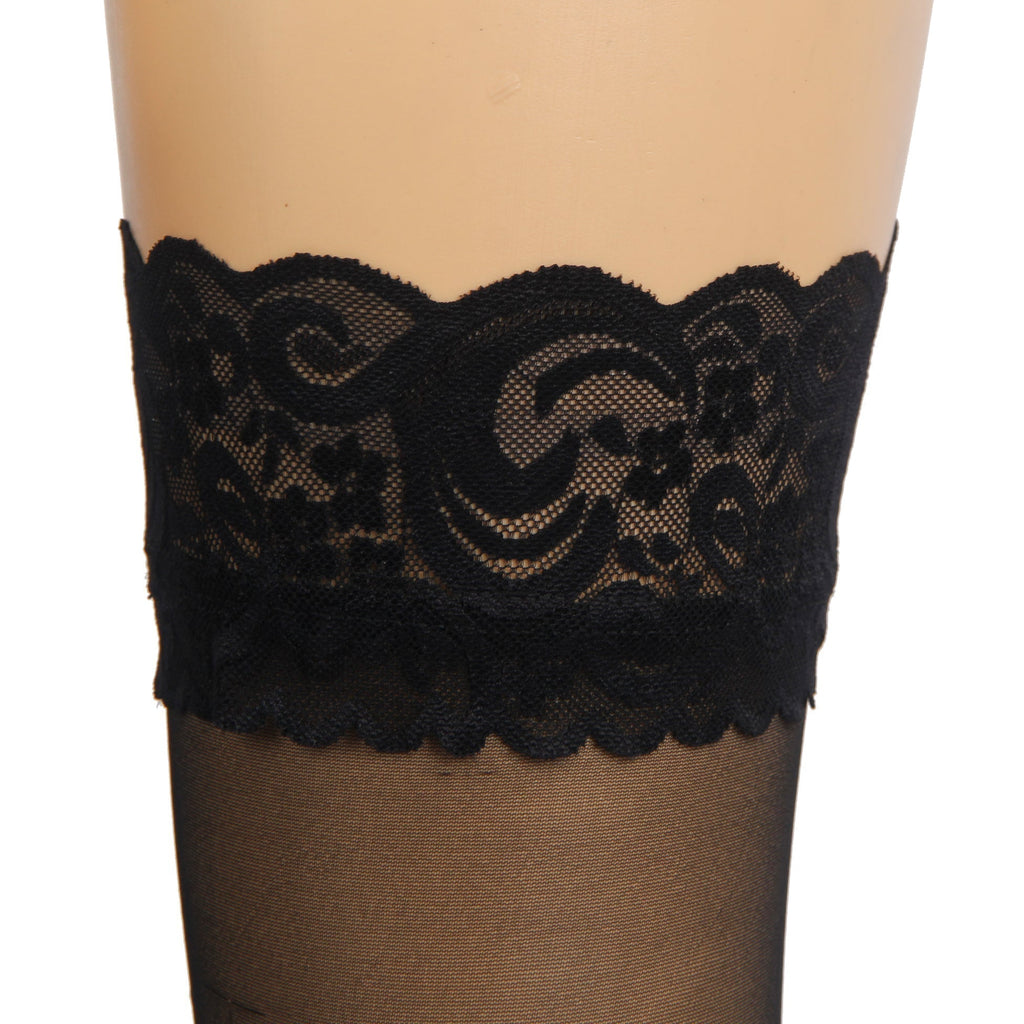 Black Lace - Trim Thigh - High Stockings with Anti - Slip Silicone Band - TeaseFashion