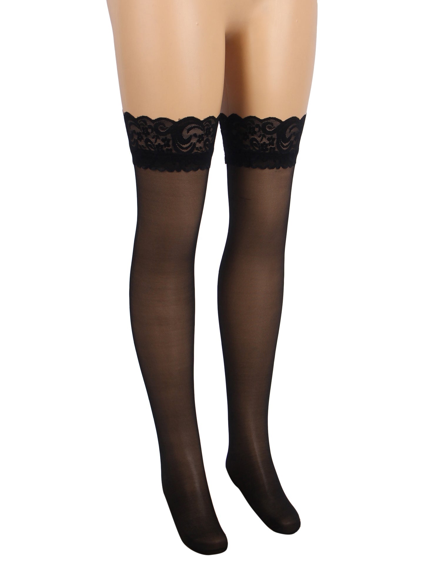 Black Lace - Trim Thigh - High Stockings with Anti - Slip Silicone Band - TeaseFashion