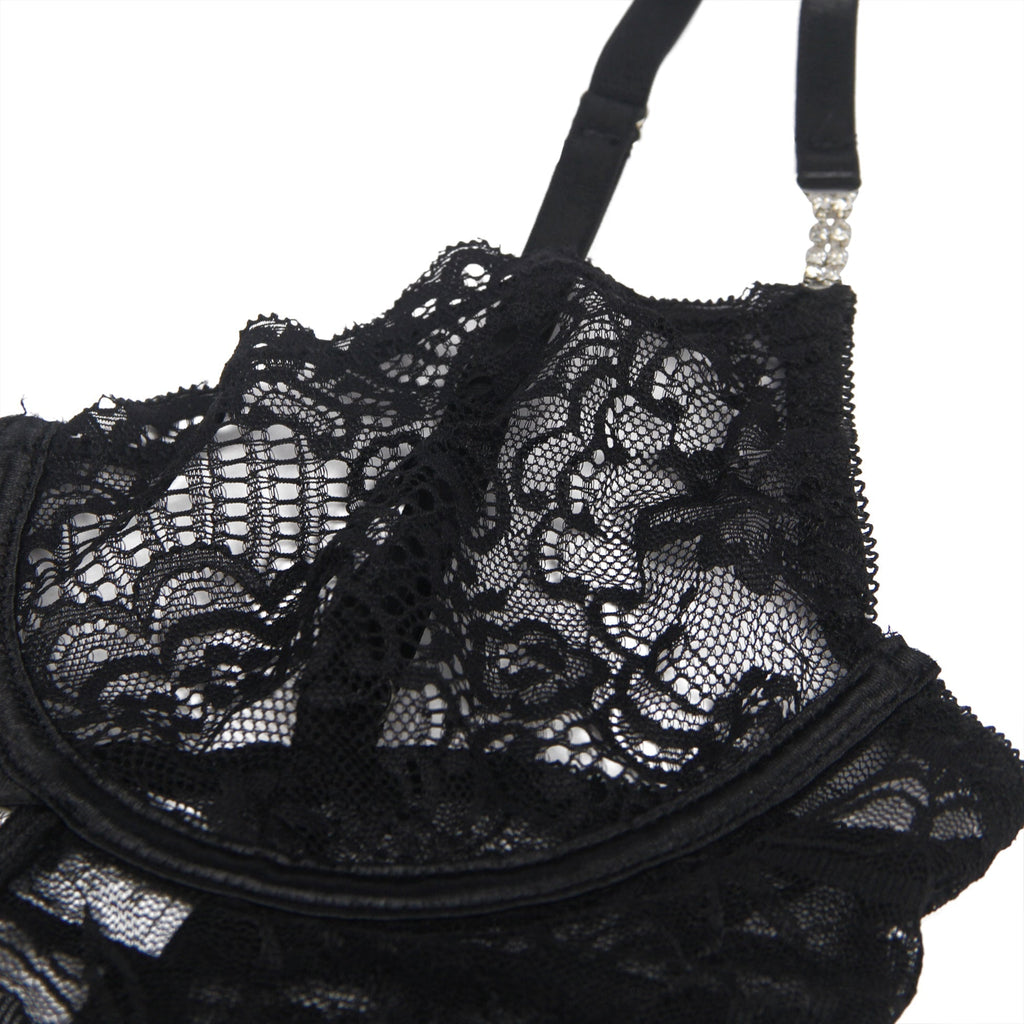 Black Lace Underwired Babydoll with Heart - Lace Side Slit & Adjustable Back Closure - TeaseFashion
