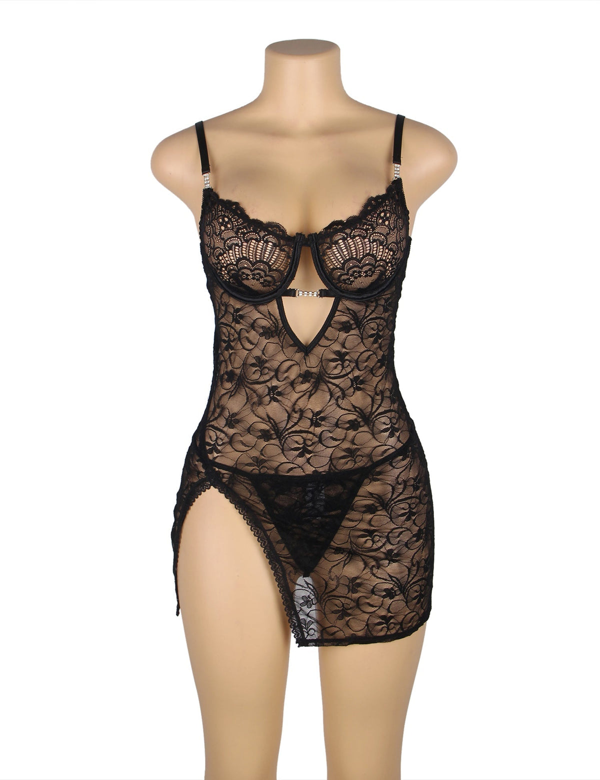 Black Lace Underwired Babydoll with Heart - Lace Side Slit & Adjustable Back Closure - TeaseFashion