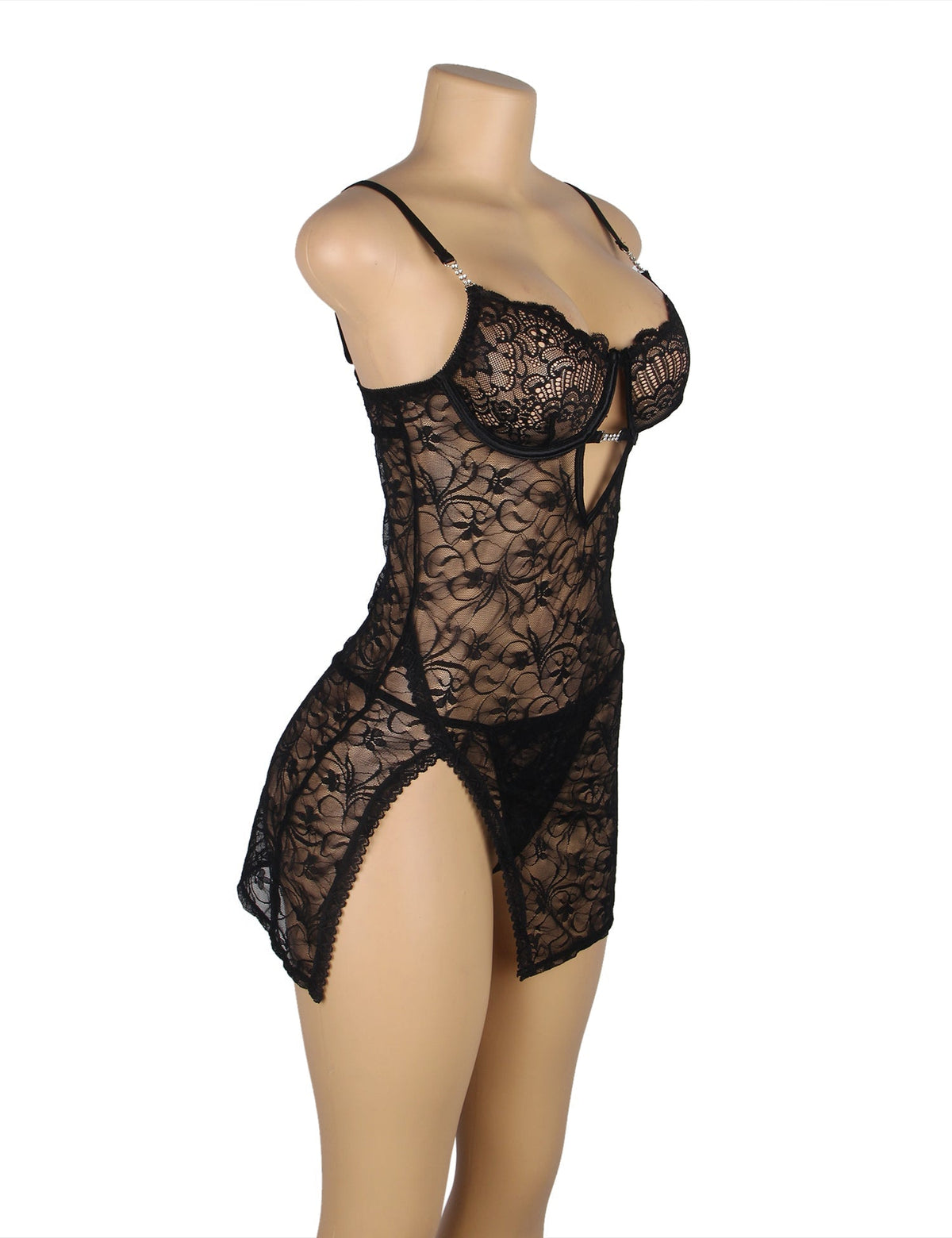 Black Lace Underwired Babydoll with Heart - Lace Side Slit & Adjustable Back Closure - TeaseFashion