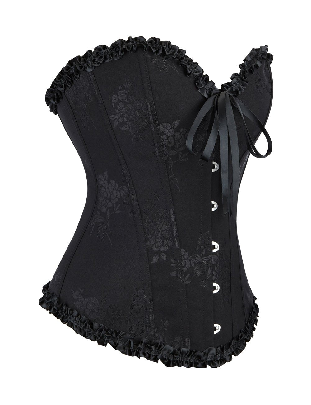 Black Lace - Up Corset with Steel Buckles & Ribbon Trim - TeaseFashion