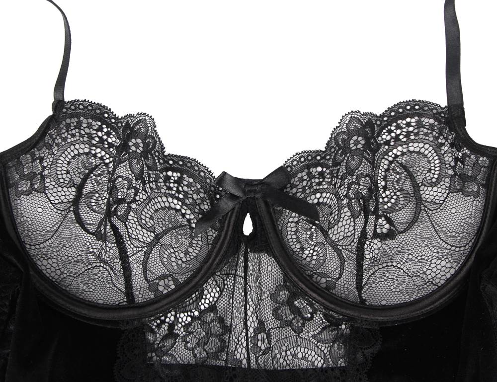 Black Lace & Velvet Garter Bodysuit – Underwired Bust, Crossover Back, Adjustable Straps & Garter Belts - TeaseFashion