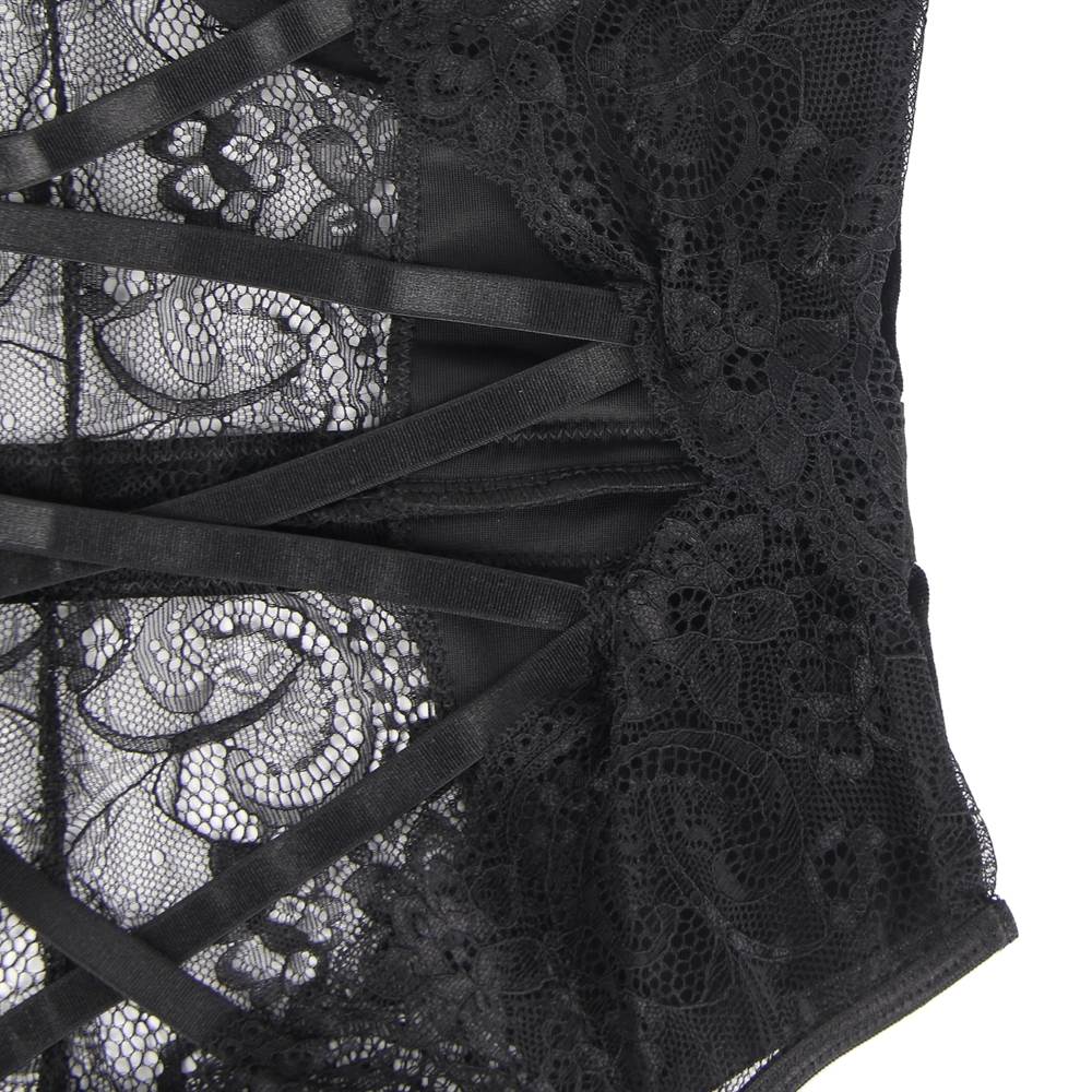 Black Lace & Velvet Garter Bodysuit – Underwired Bust, Crossover Back, Adjustable Straps & Garter Belts - TeaseFashion