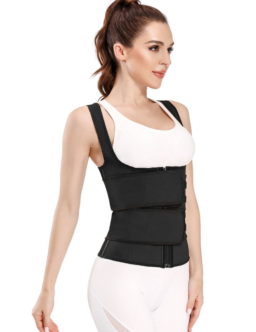 Black Latex Waist Trainer Vest – Zipper, Double Belt & 9 Steel Bones - TeaseFashion