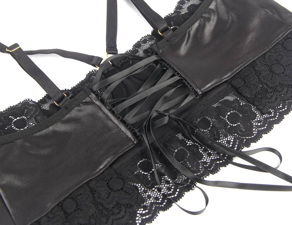 Black Leather & Lace Bra Set – Steel Wire Underwire, Centre Cutout, Silk Ribbon Leg Loops & Leg Harness - TeaseFashion