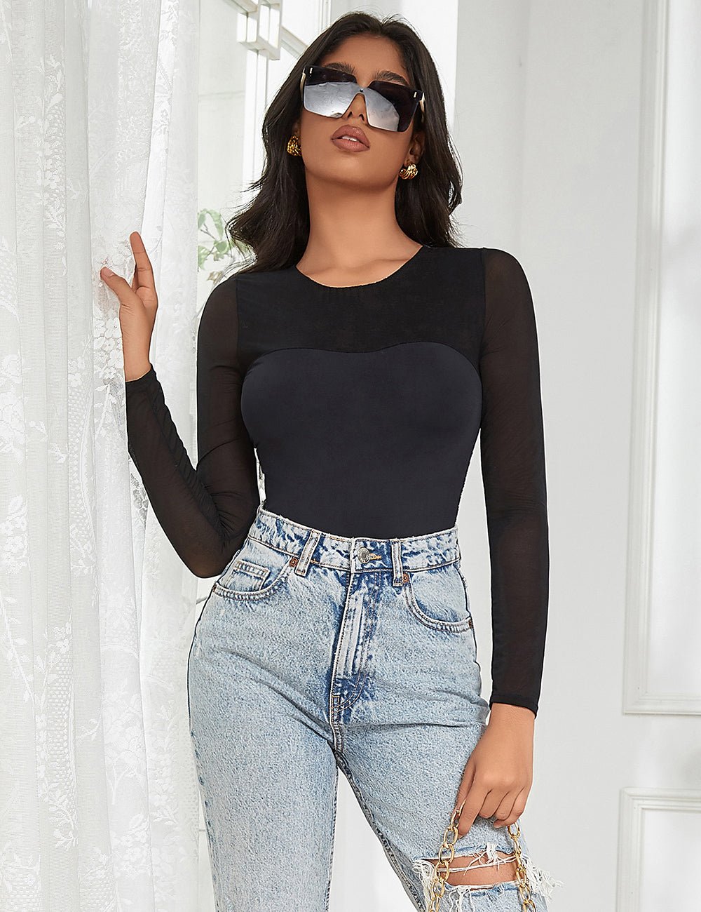 Black Long Sleeve Bodysuit – Double - Layer Mesh Chest & Swim Fabric - TeaseFashion