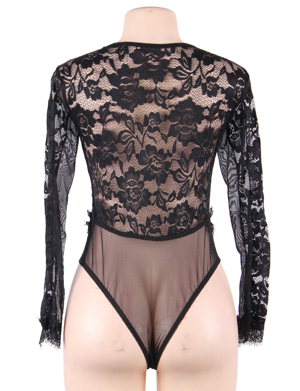 Black Long Sleeve Bodysuit – Eyelash Lace, Deep V - Neck, Mesh & Structured Bust - TeaseFashion
