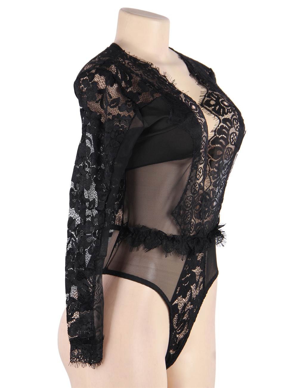 Black Long Sleeve Bodysuit – Eyelash Lace, Deep V - Neck, Mesh & Structured Bust - TeaseFashion