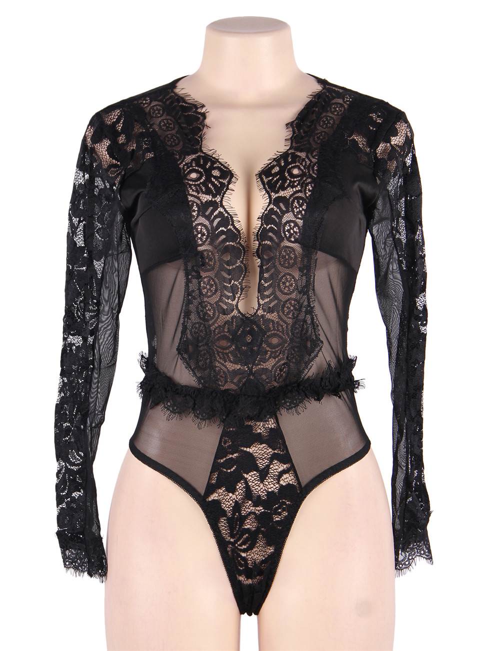 Black Long Sleeve Bodysuit – Eyelash Lace, Deep V - Neck, Mesh & Structured Bust - TeaseFashion
