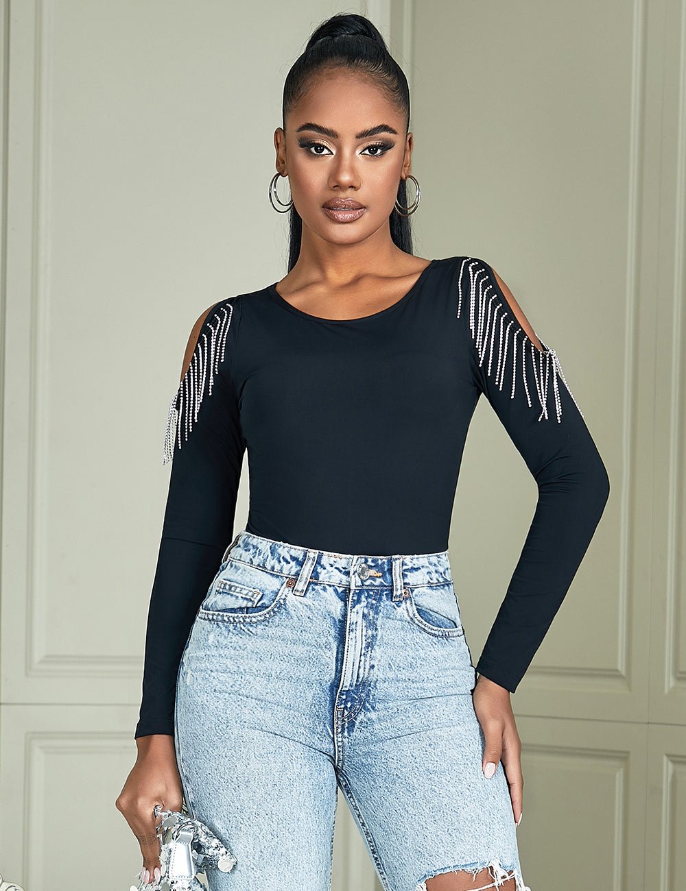 Black Long Sleeve Bodysuit – Hollow Arms with Rhinestone Splice & Brushed Nylon - TeaseFashion