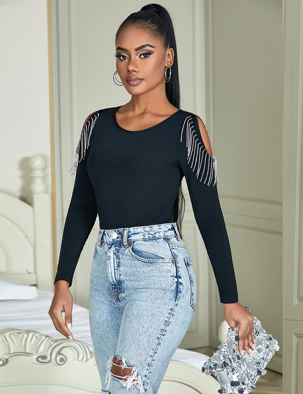 Black Long Sleeve Bodysuit – Hollow Arms with Rhinestone Splice & Brushed Nylon - TeaseFashion
