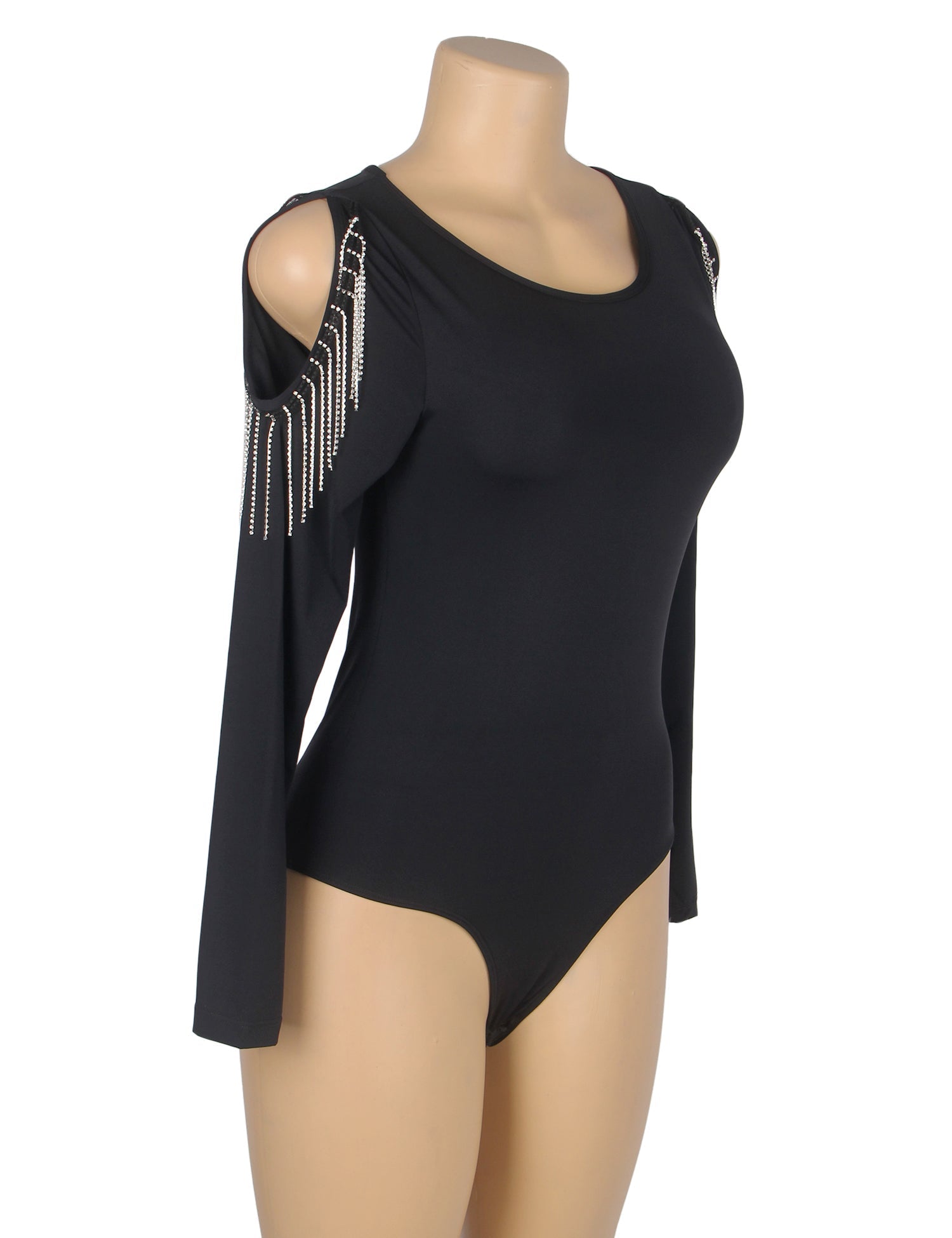 Black Long Sleeve Bodysuit – Hollow Arms with Rhinestone Splice & Brushed Nylon - TeaseFashion