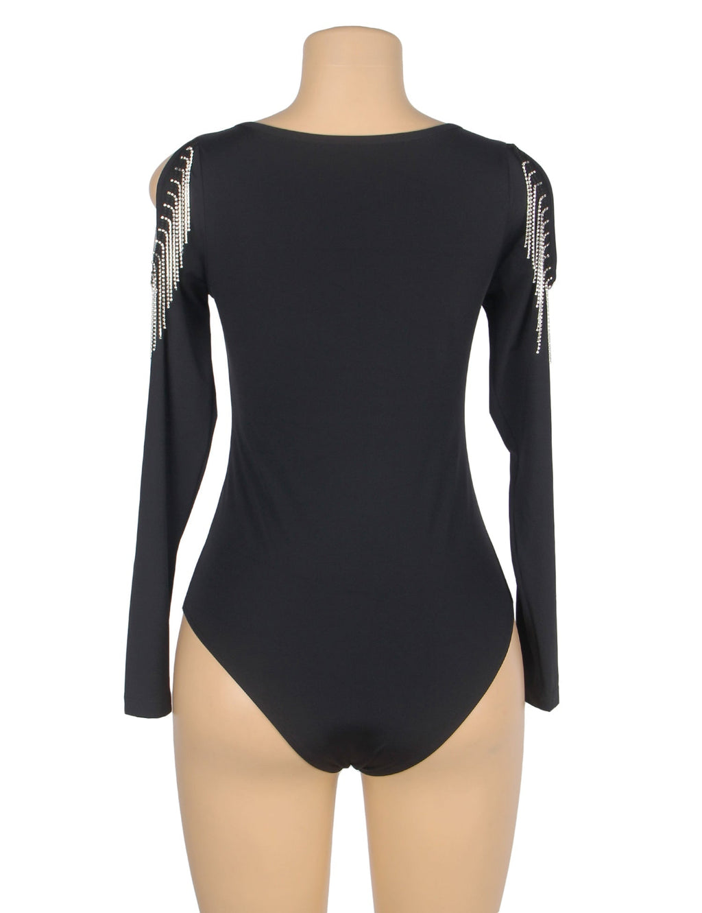 Black Long Sleeve Bodysuit – Hollow Arms with Rhinestone Splice & Brushed Nylon - TeaseFashion