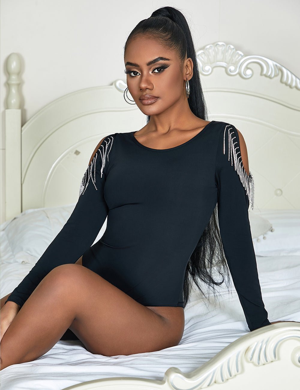 Black Long Sleeve Bodysuit – Hollow Arms with Rhinestone Splice & Brushed Nylon - TeaseFashion