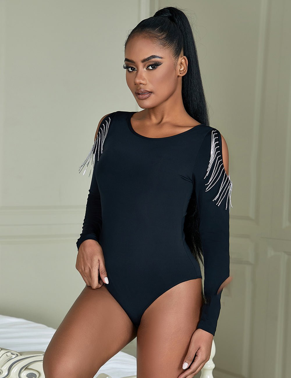 Black Long Sleeve Bodysuit – Hollow Arms with Rhinestone Splice & Brushed Nylon - TeaseFashion