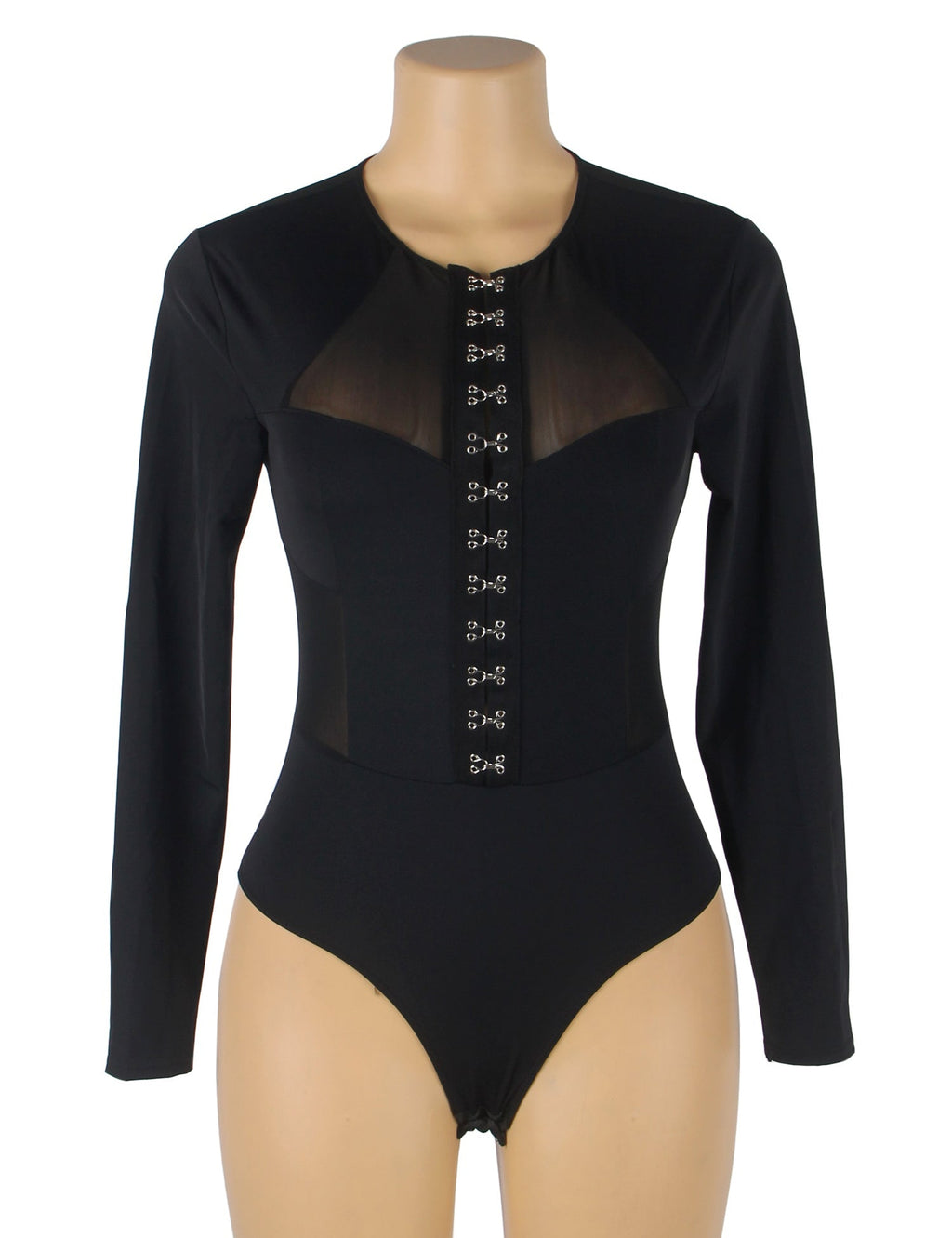 Black Long Sleeve Bodysuit – Hook - Front Closure, Mesh Splice & Swim Fabric - TeaseFashion