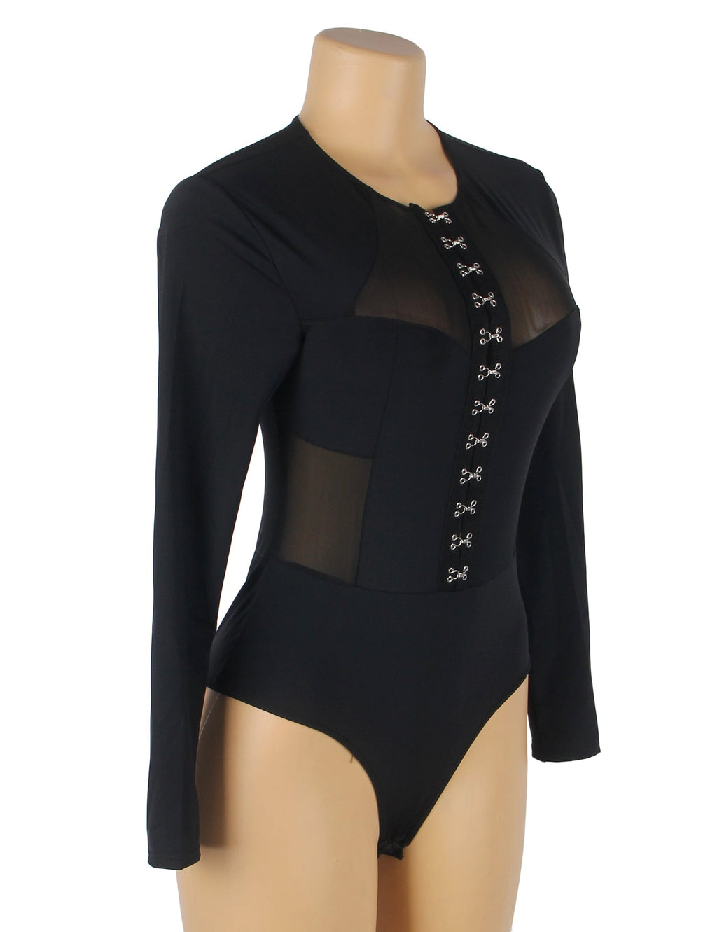 Black Long Sleeve Bodysuit – Hook - Front Closure, Mesh Splice & Swim Fabric - TeaseFashion