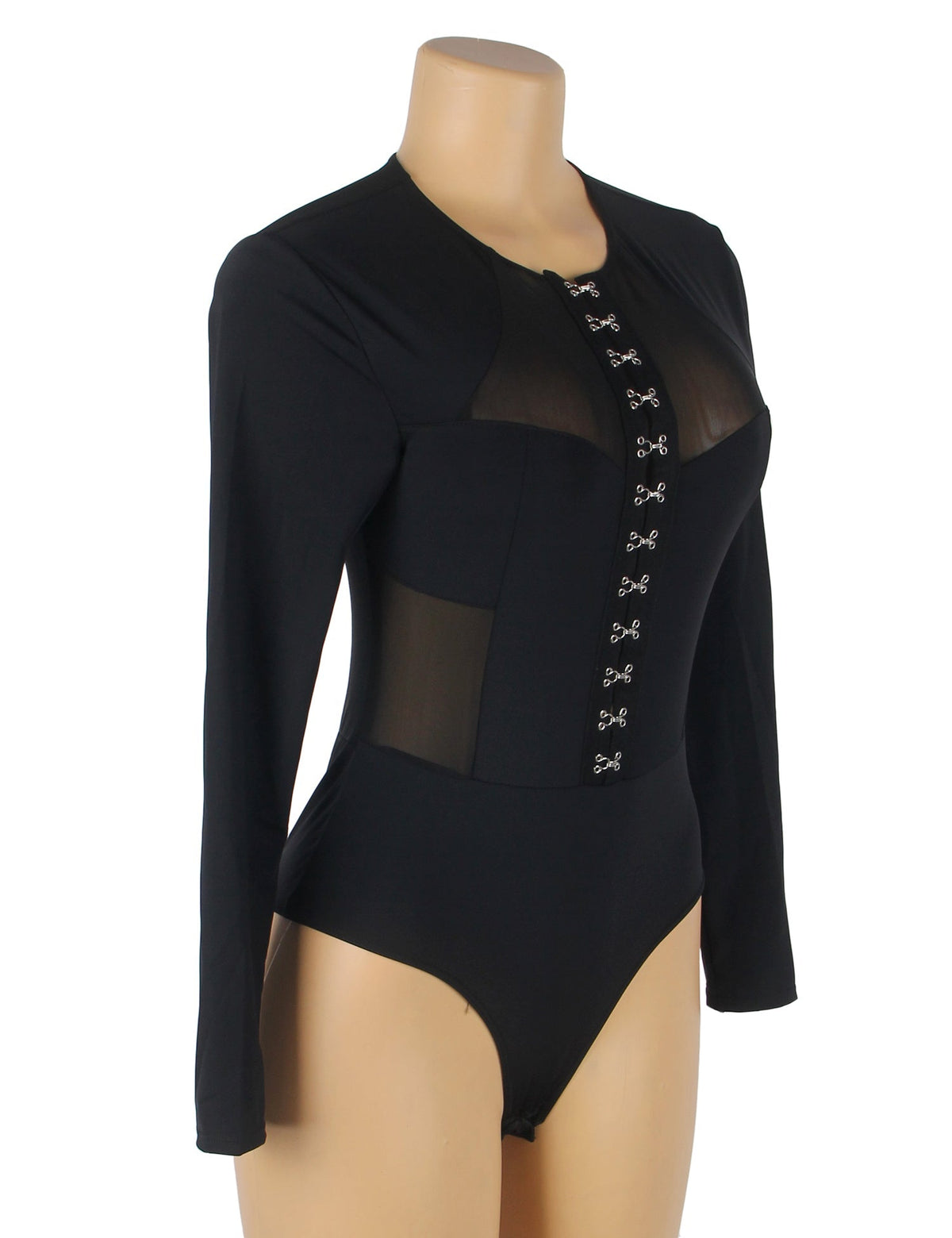 Black Long Sleeve Bodysuit – Hook - Front Closure, Mesh Splice & Swim Fabric - TeaseFashion