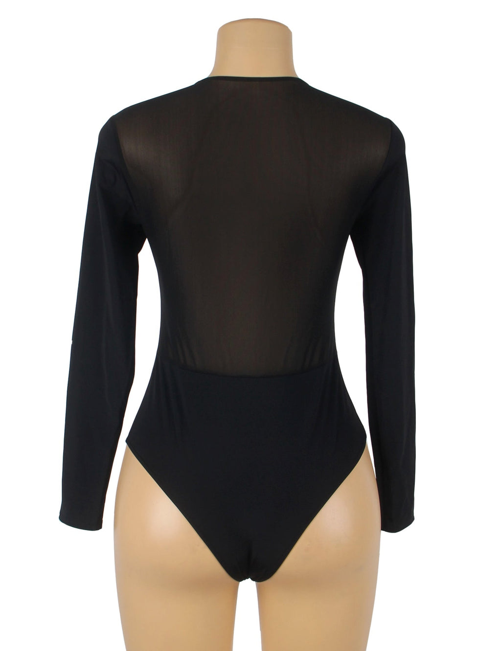 Black Long Sleeve Bodysuit – Hook - Front Closure, Mesh Splice & Swim Fabric - TeaseFashion
