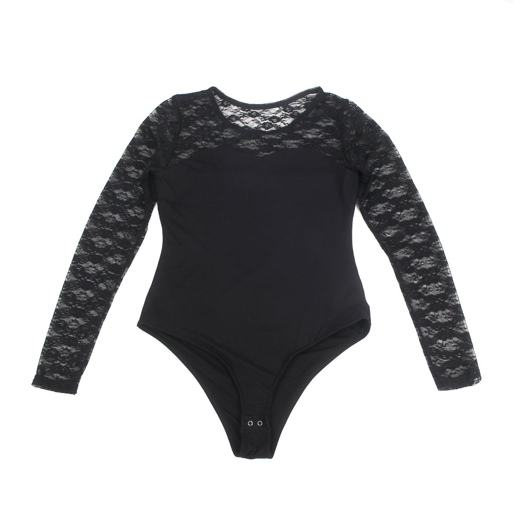 Black Long Sleeve Bodysuit – Lace Mesh on Chest, Sleeves & Back - TeaseFashion