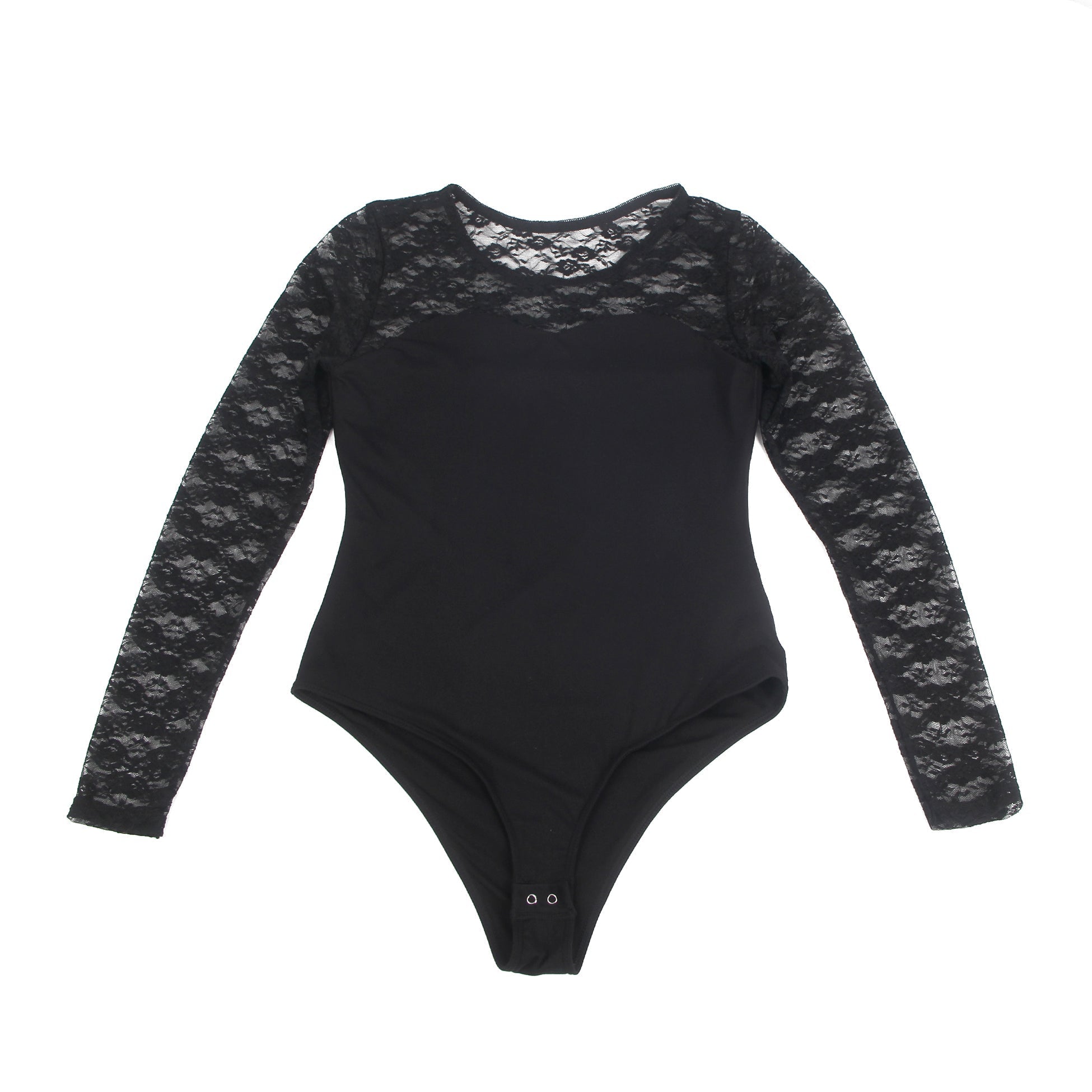 Black Long Sleeve Bodysuit – Lace Mesh on Chest, Sleeves & Back - TeaseFashion