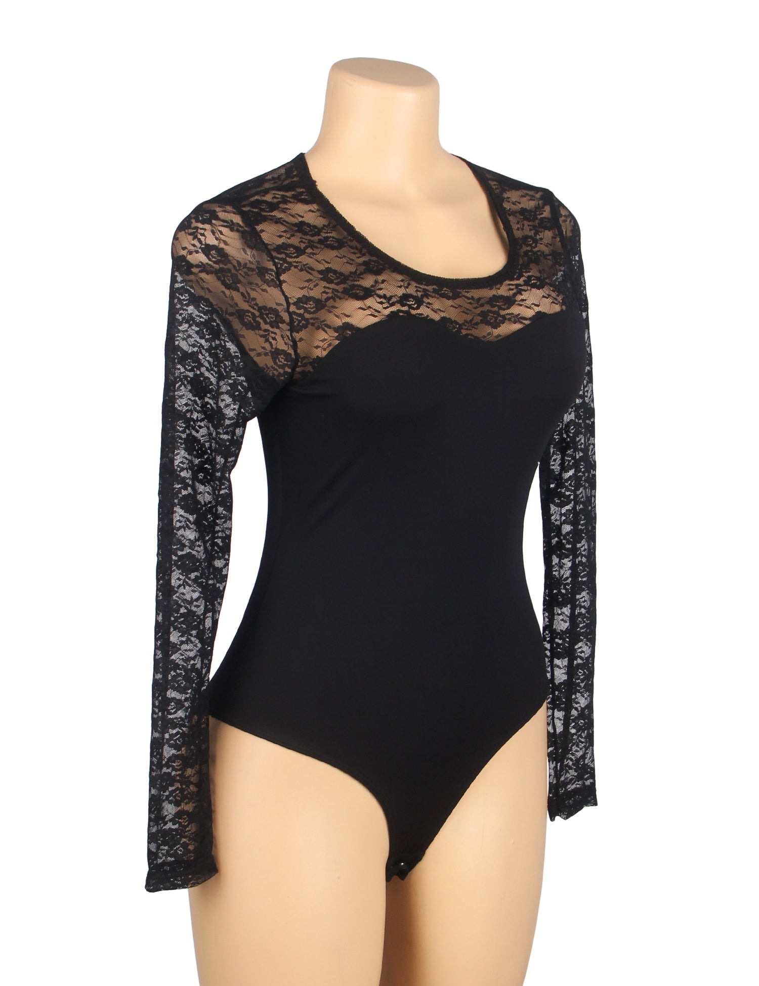 Black Long Sleeve Bodysuit – Lace Mesh on Chest, Sleeves & Back - TeaseFashion