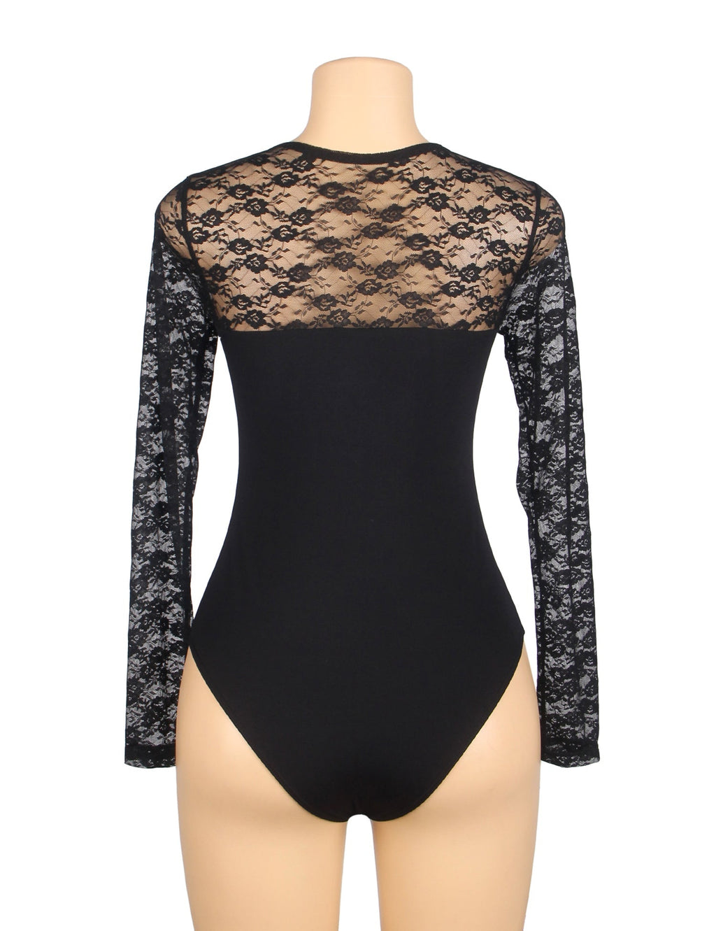 Black Long Sleeve Bodysuit – Lace Mesh on Chest, Sleeves & Back - TeaseFashion