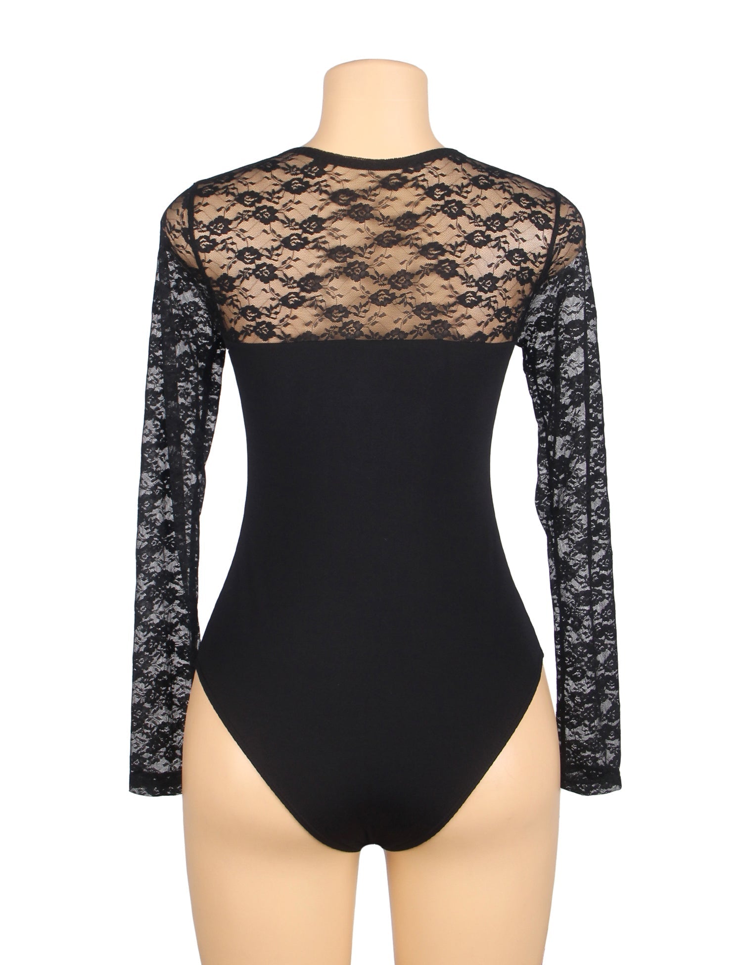 Black Long Sleeve Bodysuit – Lace Mesh on Chest, Sleeves & Back - TeaseFashion