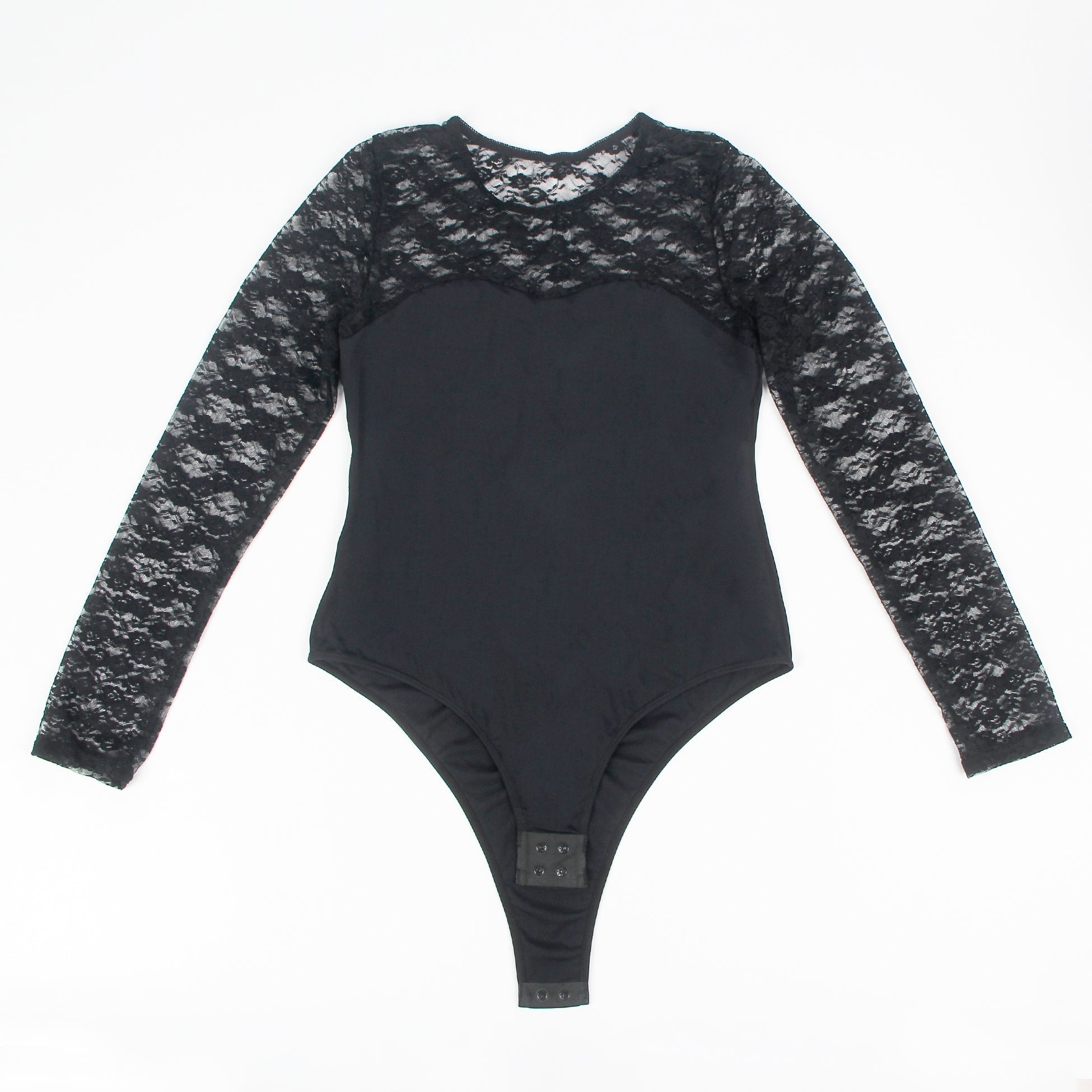 Black Long Sleeve Bodysuit – Lace Mesh on Chest & Sleeves, Round Neck - TeaseFashion