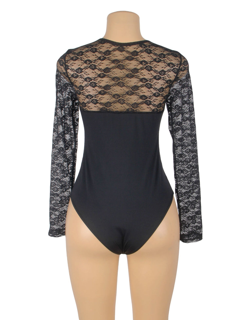 Black Long Sleeve Bodysuit – Lace Mesh on Chest & Sleeves, Round Neck - TeaseFashion