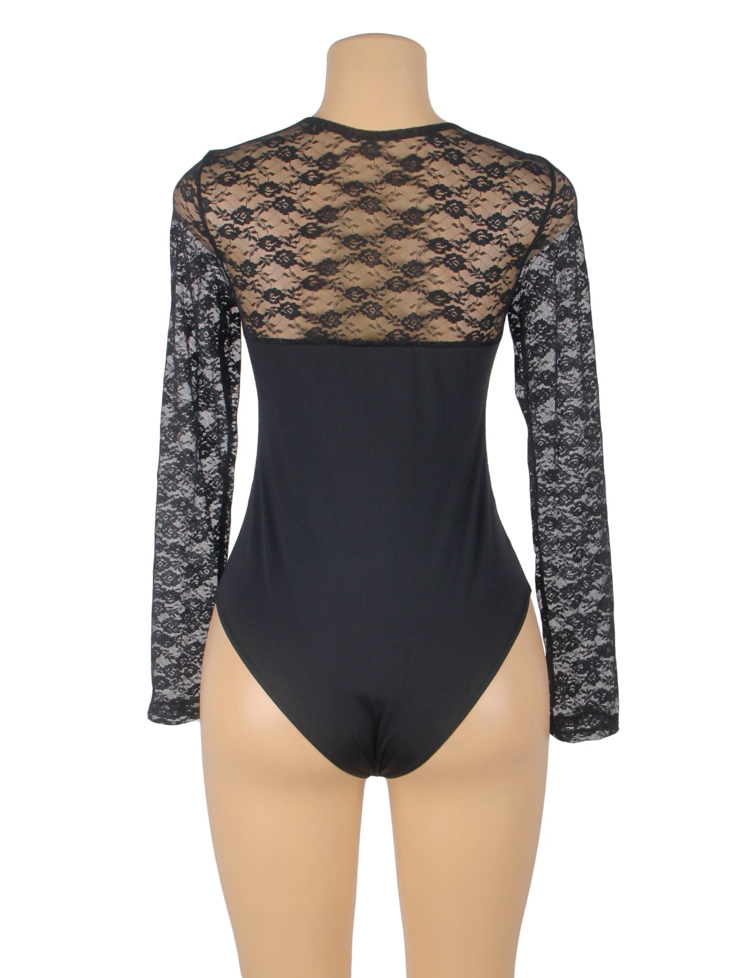 Black Long Sleeve Bodysuit – Lace Mesh on Chest & Sleeves, Round Neck - TeaseFashion