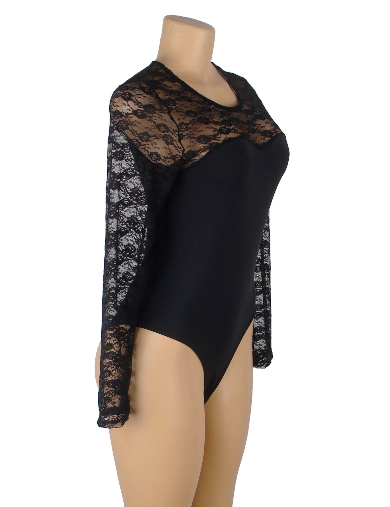 Black Long Sleeve Bodysuit – Lace Mesh on Chest & Sleeves, Round Neck - TeaseFashion