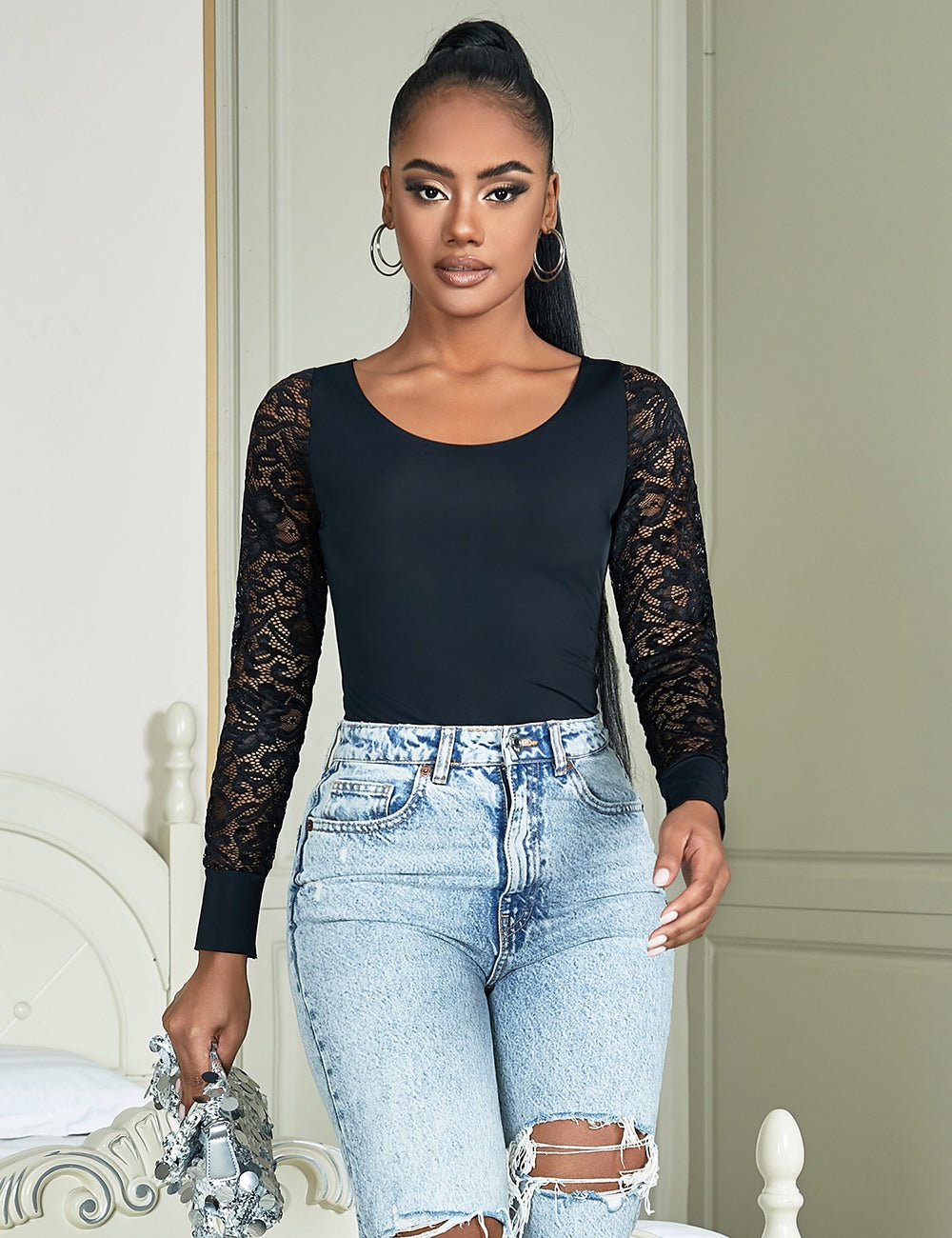 Black Long Sleeve Bodysuit – Lace Mesh Sleeves, Bonded Edges & Round Neck - TeaseFashion