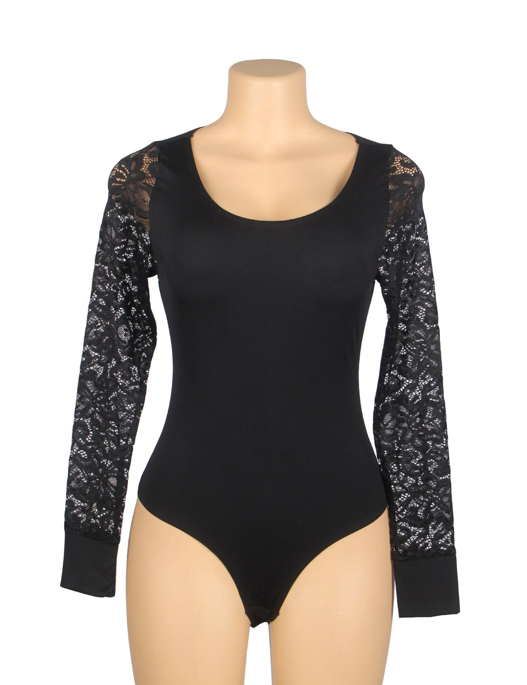 Black Long Sleeve Bodysuit – Lace Mesh Sleeves, Bonded Edges & Round Neck - TeaseFashion