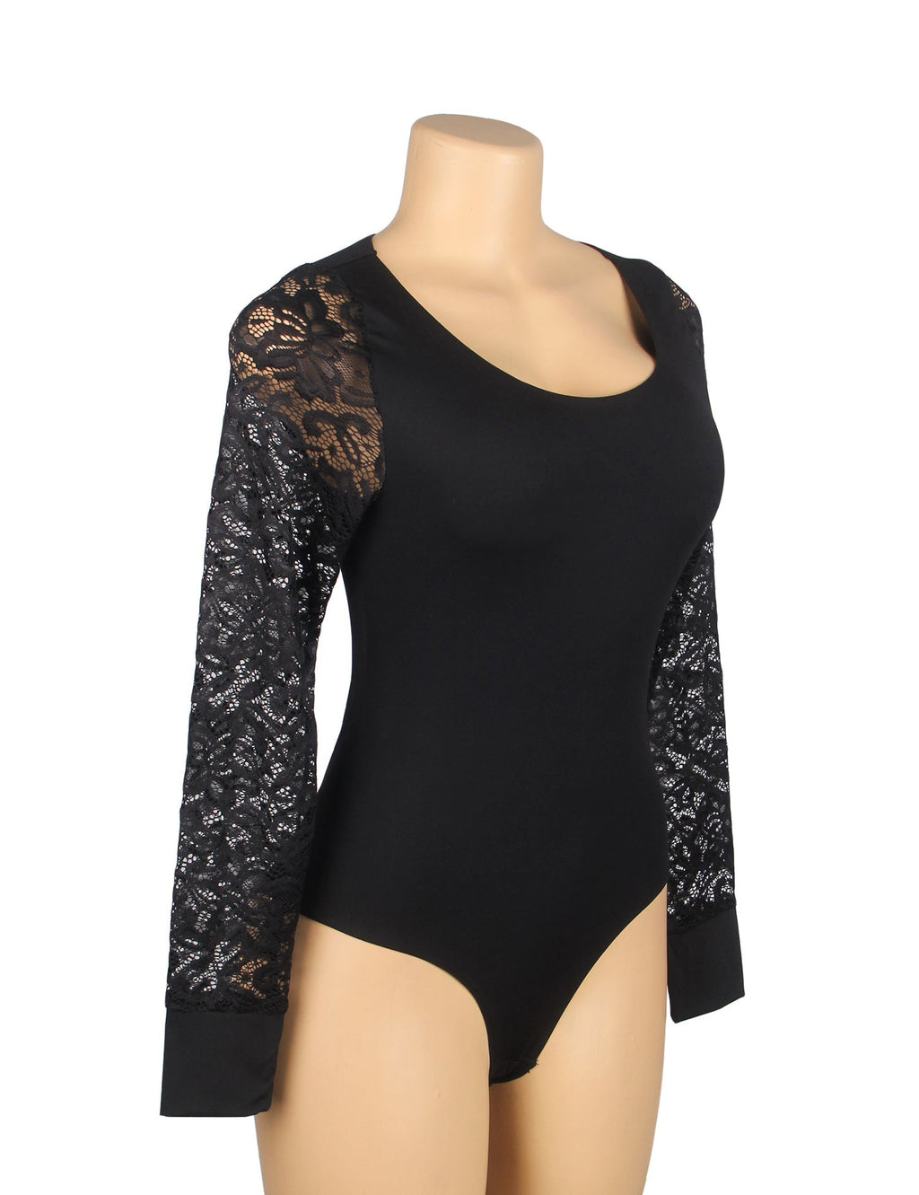 Black Long Sleeve Bodysuit – Lace Mesh Sleeves, Bonded Edges & Round Neck - TeaseFashion