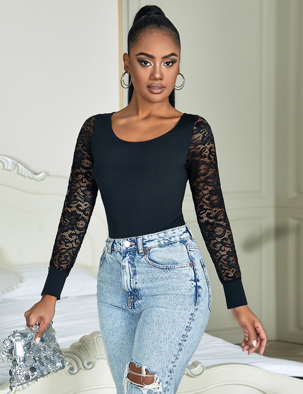 Black Long Sleeve Bodysuit – Lace Mesh Sleeves, Bonded Edges & Round Neck - TeaseFashion