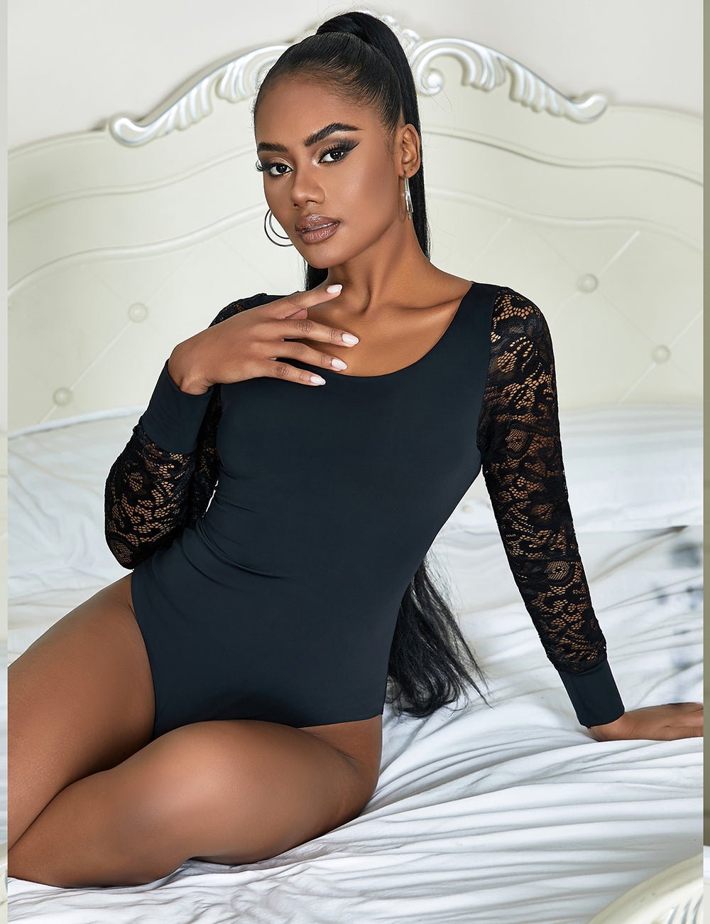 Black Long Sleeve Bodysuit – Lace Mesh Sleeves, Bonded Edges & Round Neck - TeaseFashion