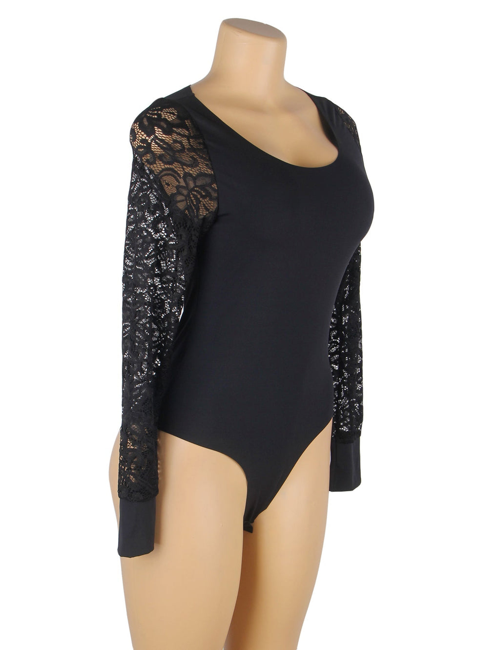 Black Long Sleeve Bodysuit – Lace - Stitched Sleeves, Bonded Cuffs & Round Neck - TeaseFashion
