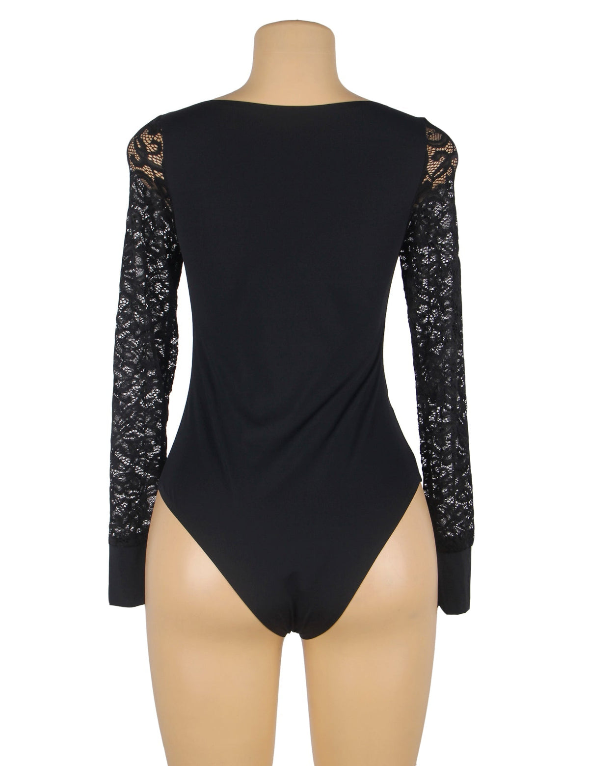 Black Long Sleeve Bodysuit – Lace - Stitched Sleeves, Bonded Cuffs & Round Neck - TeaseFashion