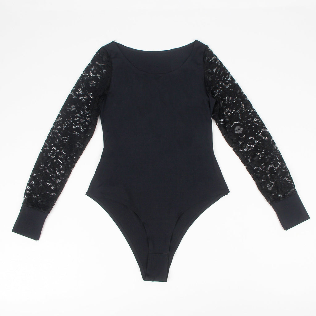 Black Long Sleeve Bodysuit – Lace - Stitched Sleeves, Bonded Cuffs & Round Neck - TeaseFashion