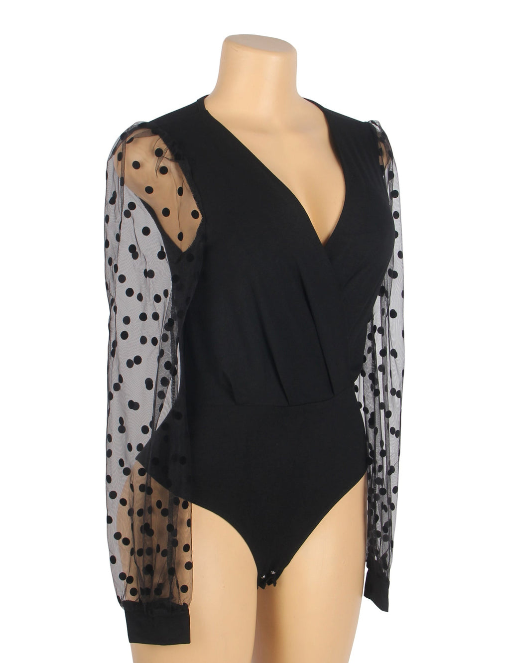 Black Long Sleeve Bodysuit – Polka Dot Mesh Sleeves & Deep V - Neck - TeaseFashion